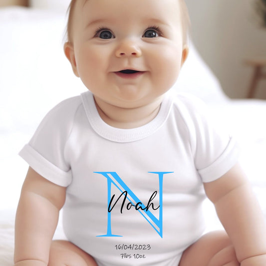 Personalised Blue Initial Baby Outfit: Bib, Vest, Grow