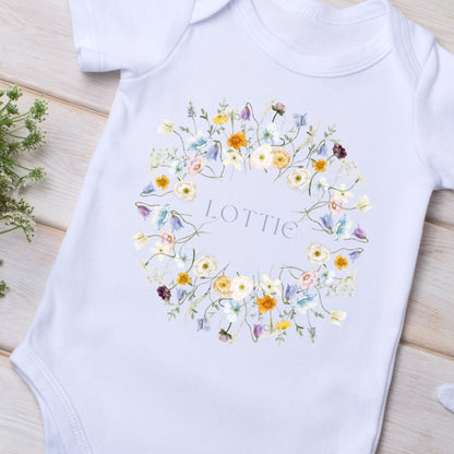 Personalised Baby Girls Spring Flowers Baby Outfit: Bib, Vest, Grow
