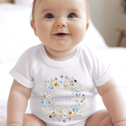 Personalised Baby Girls Spring Flowers Baby Outfit: Bib, Vest, Grow