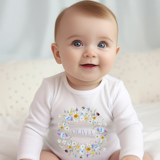 Personalised Baby Girls Spring Flowers Baby Outfit: Bib, Vest, Grow