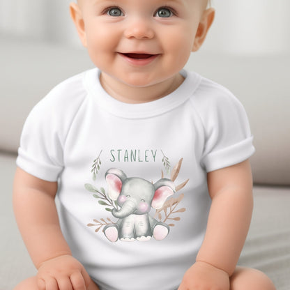 Personalised Happy Elephant Baby Outfit: Bib, Vest, Baby Grow