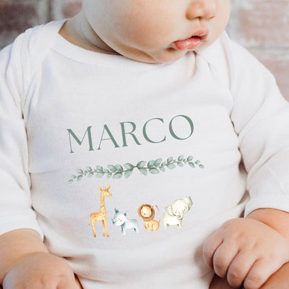 Personalised Zoo Animals Baby Outfit: Bib, Vest, Baby Grow
