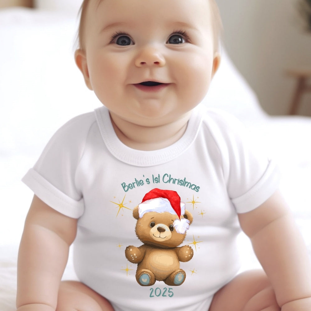 Personalised Happy 1st Christmas Teddy Baby Outfit: Bib, Vest, Grow