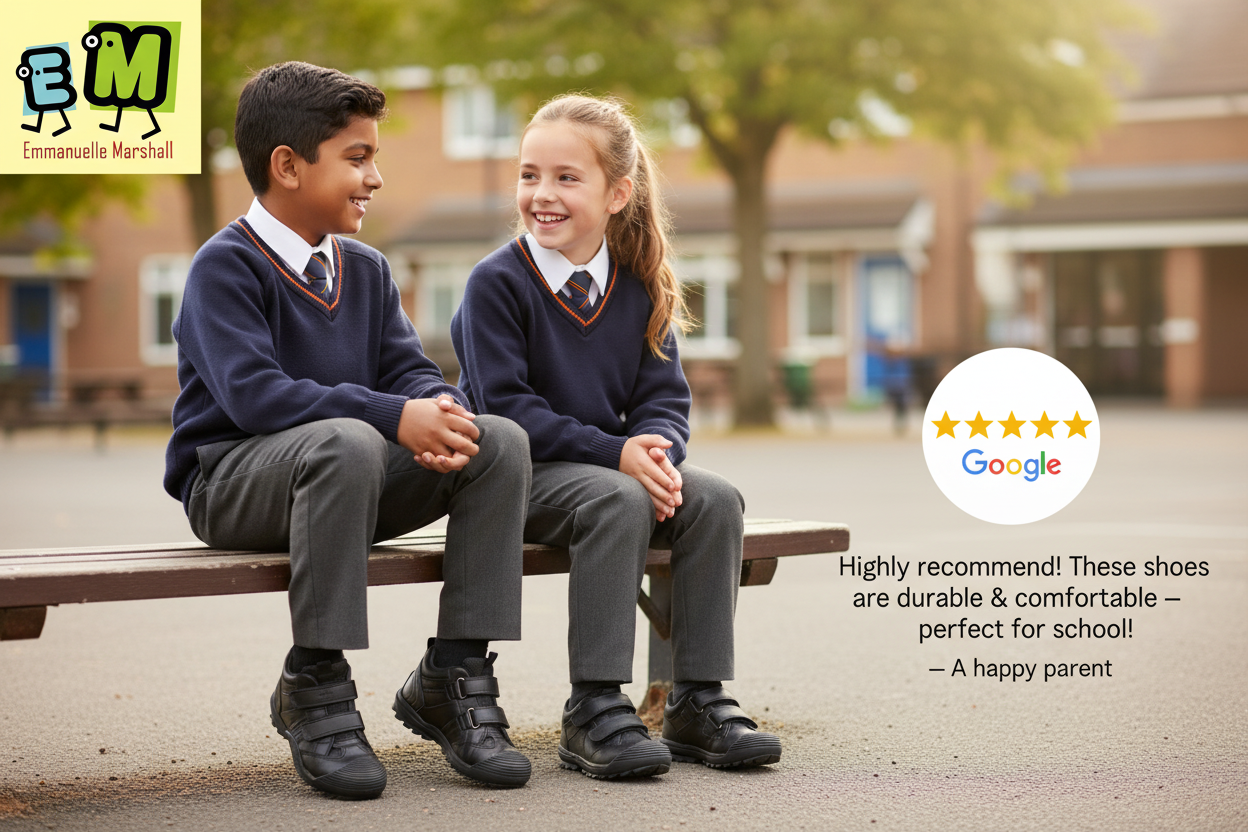 Banner with children wearing Geox Savage and Arzach school shoes, EM logo and 5-star review