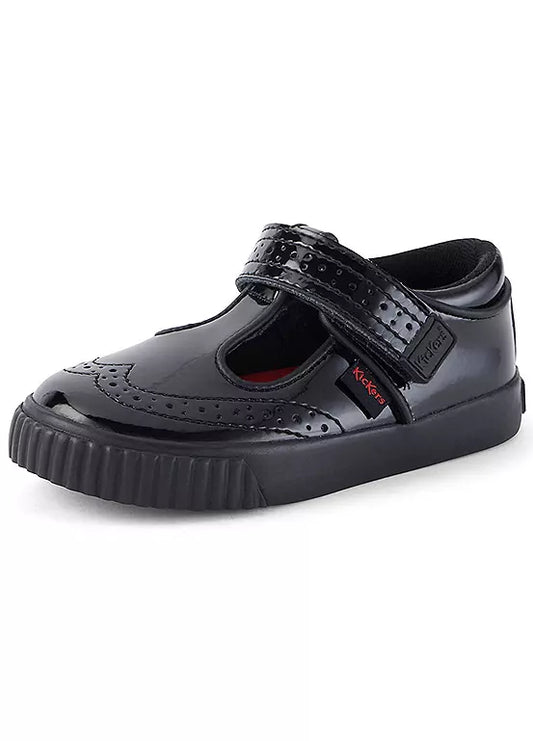 KICKERS Tovni Brogue T Bar Black Patent Infant School Shoes