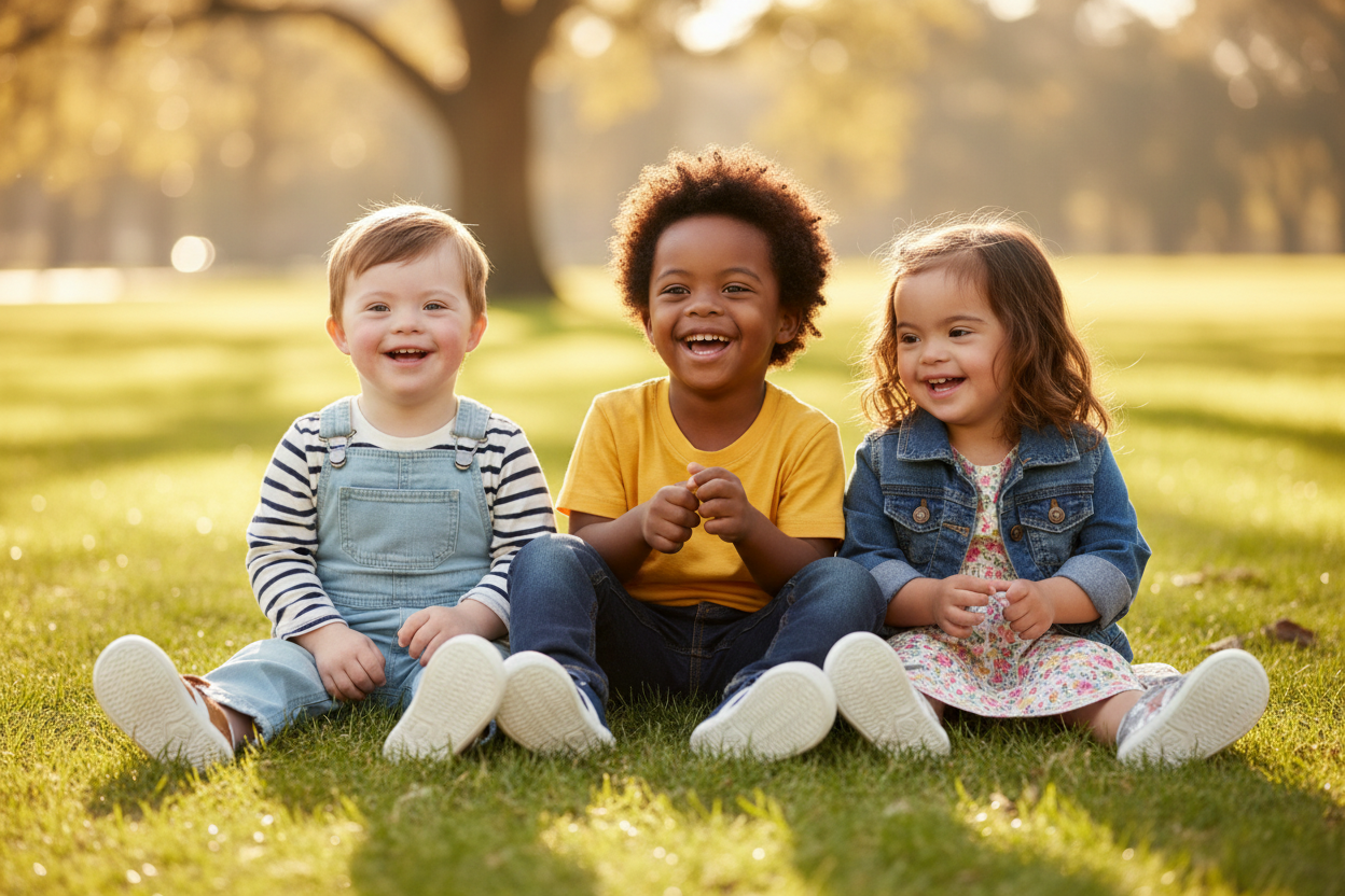 Three children with Down syndrome wearing Oldsoles Roady Pave Tan, Roady Pave Denim, and Pavesta Silver shoes