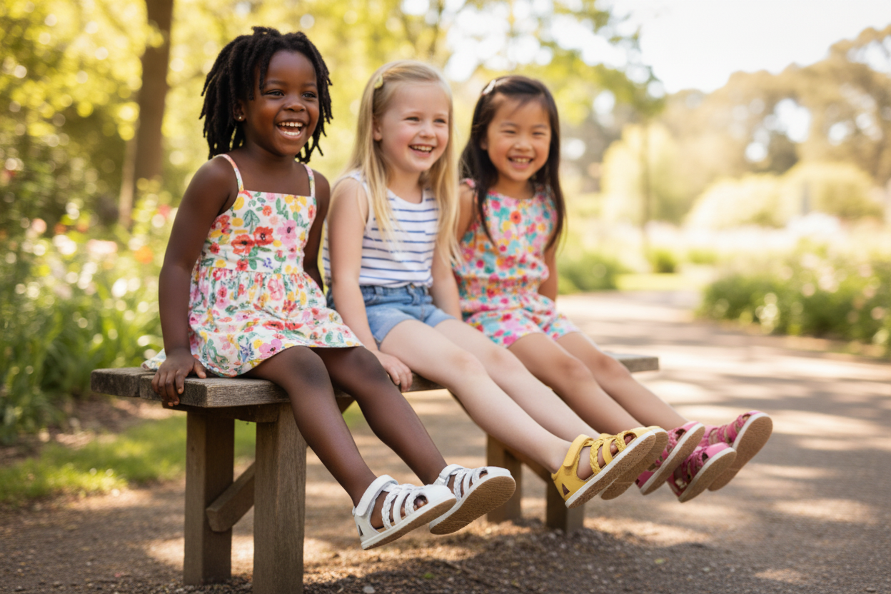 Three girls with Seascape sandals prominently visible