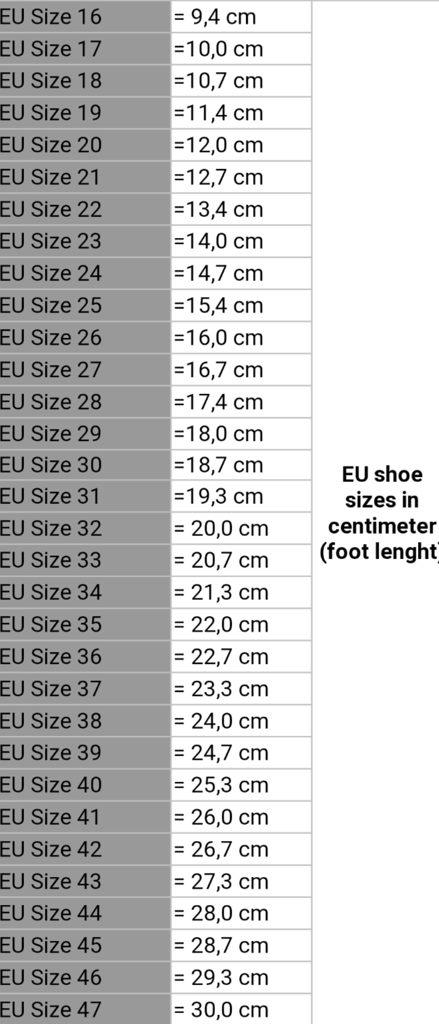 Measurements and Size Chart (NOT FOR SALE)